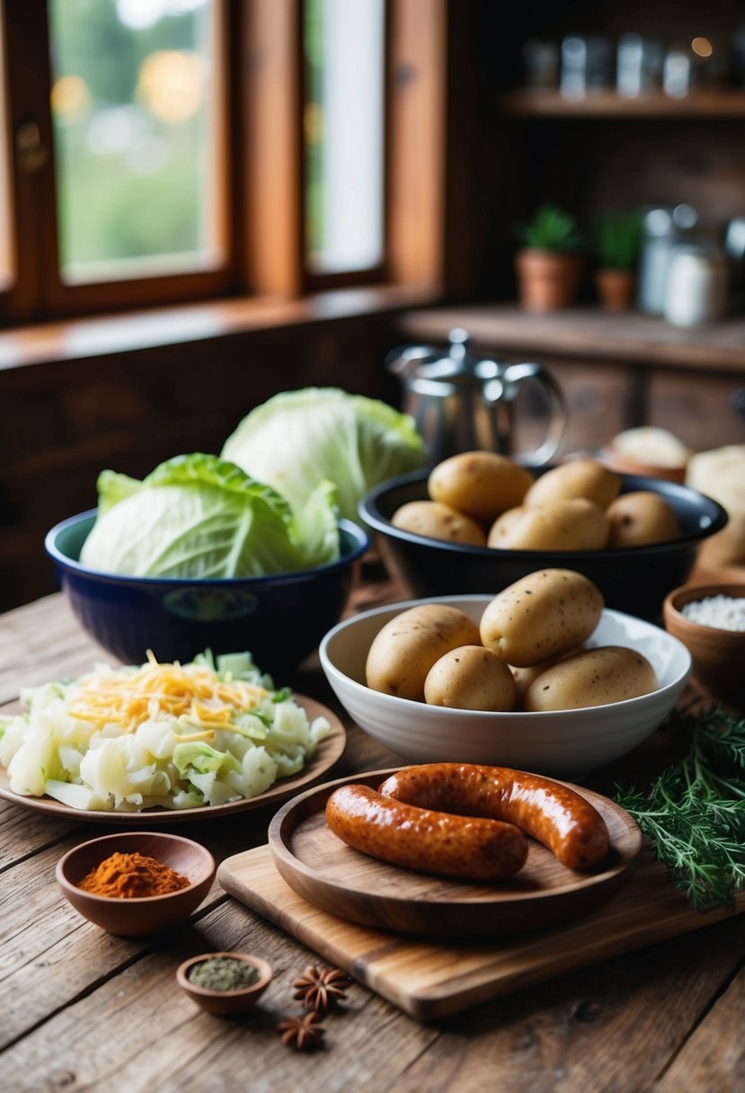 A rustic kitchen table set with ingredients for Mennonite Cabbage Potato Kielbasa Bake: cabbage, potatoes, kielbasa sausage, and assorted spices