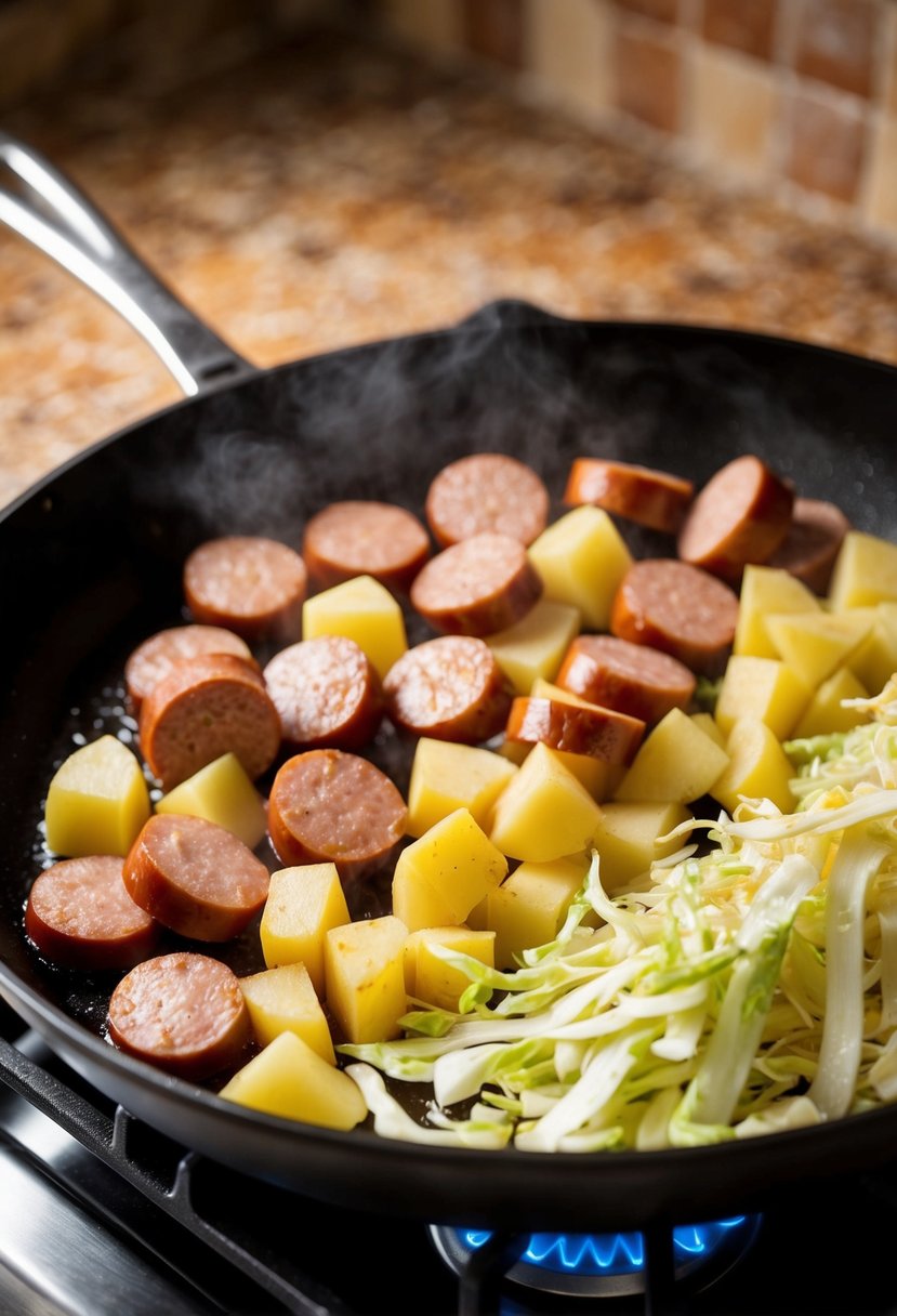 Sizzling skillet with sliced sausage, diced potatoes, and shredded cabbage cooking together over a hot stove