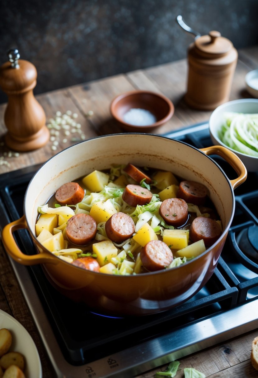 A rustic kitchen scene with a pot simmering on the stove, filled with chunks of sausage, potatoes, and cabbage, surrounded by scattered ingredients