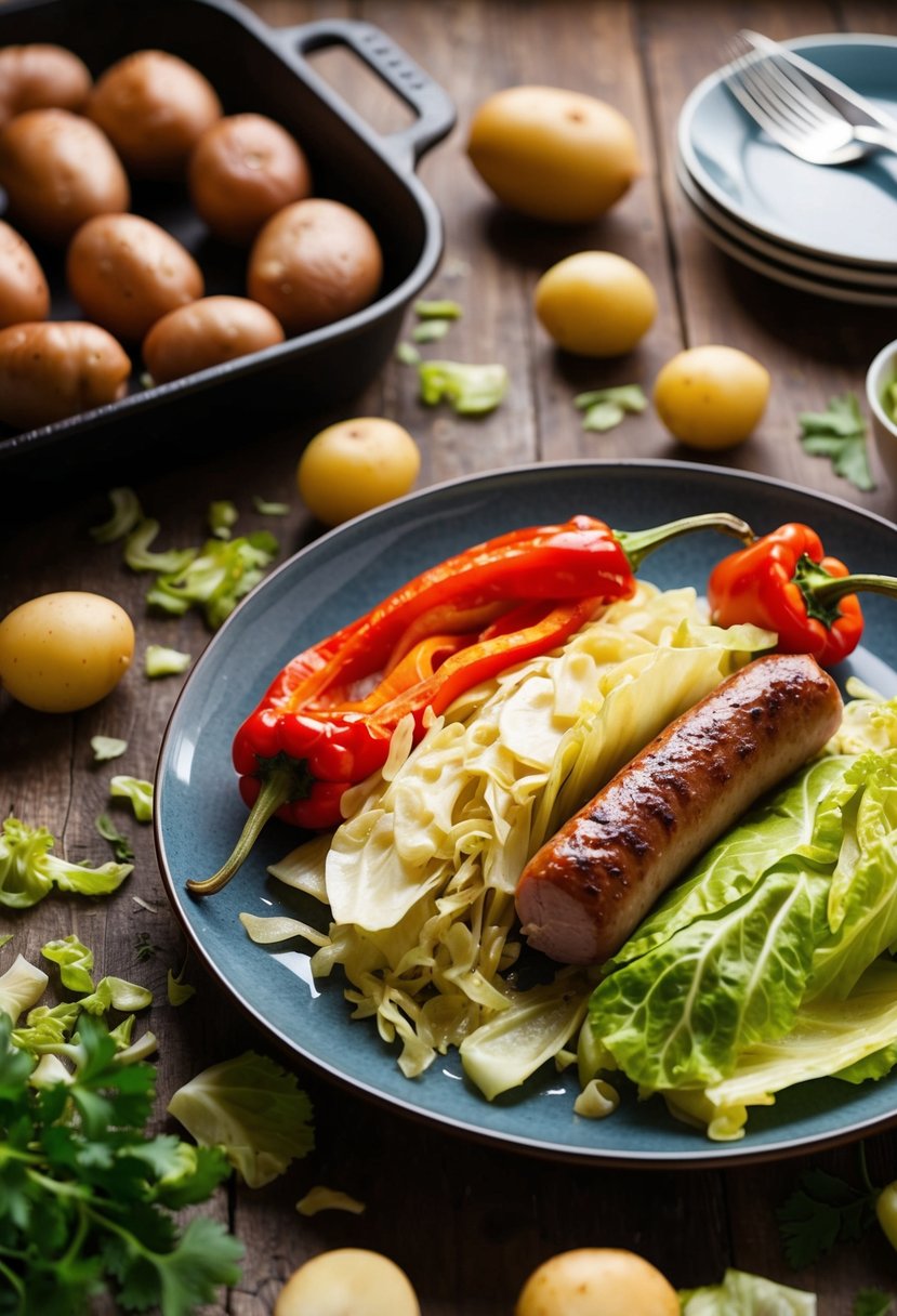 A rustic kitchen table set with a steaming platter of sausage, cabbage, and roasted red peppers, surrounded by scattered potato and cabbage ingredients