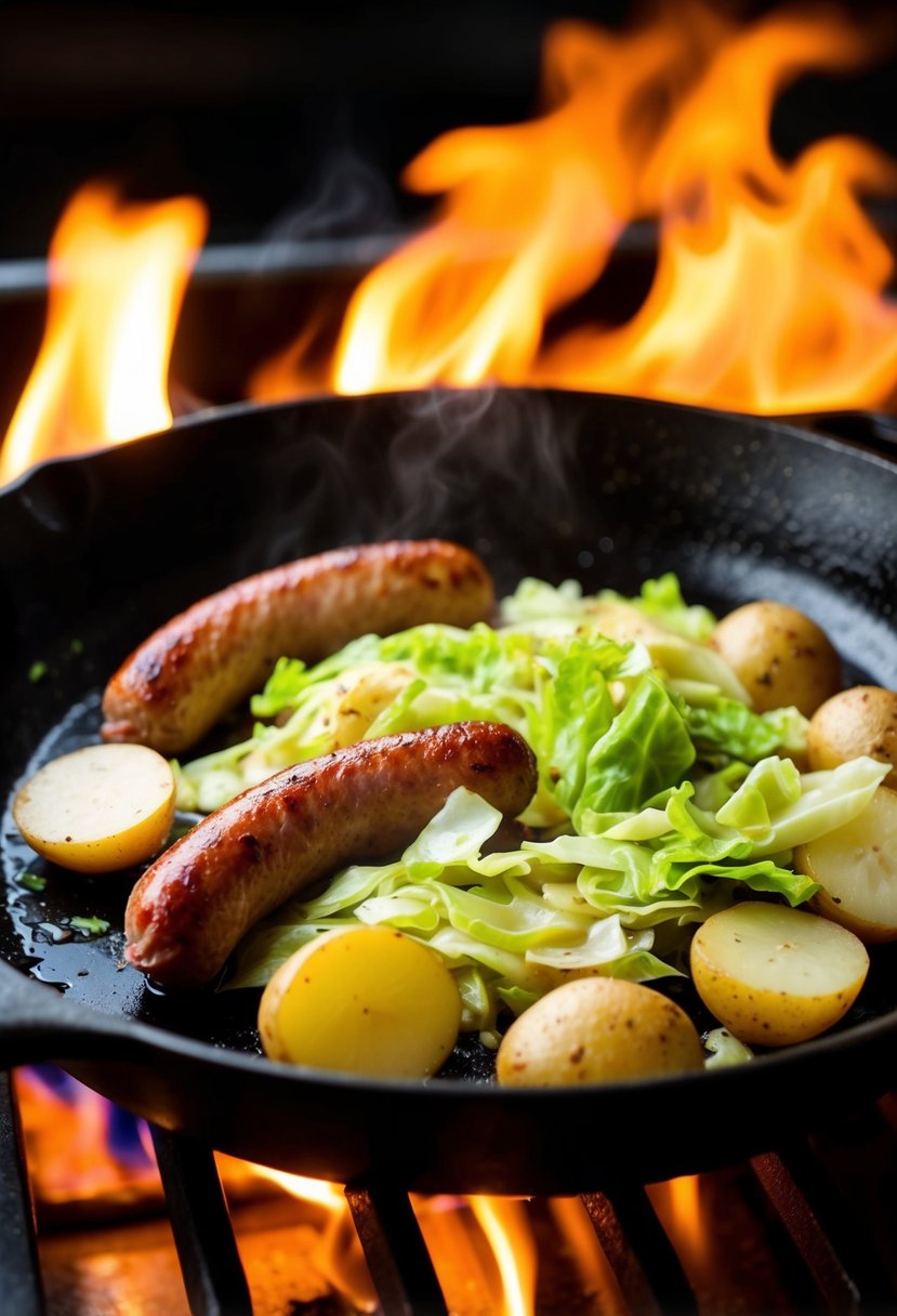 A skillet sizzling with smoked sausage, cabbage, and potatoes cooking over a lively flame