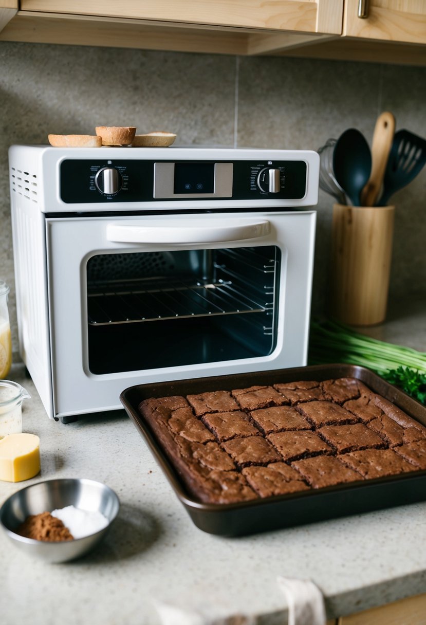 A small oven with a tray of freshly baked brownies. Ingredients and utensils scattered on a countertop