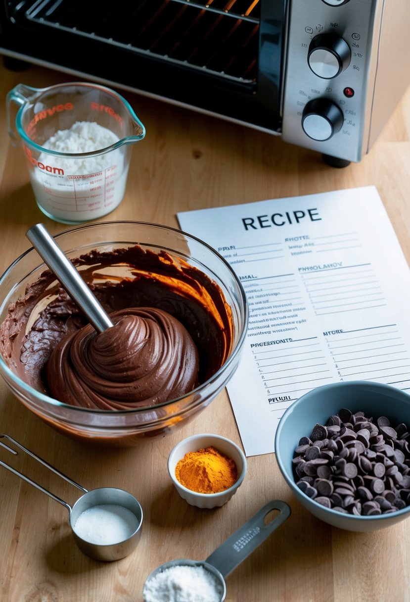 A mixing bowl filled with chocolate batter, surrounded by ingredients and a recipe card, next to a preheated oven