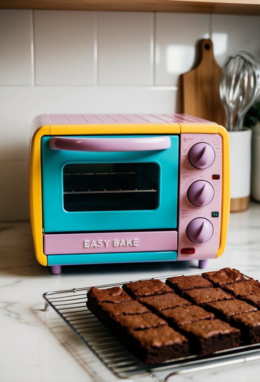 A small, colorful easy bake oven sits on a kitchen counter, with a tray of freshly baked brownies cooling on a wire rack nearby