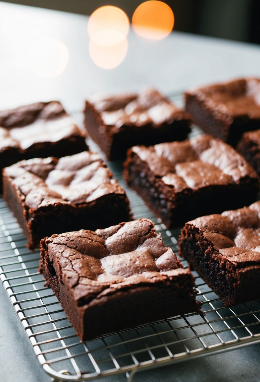 A pan of rich cocoa brownies cooling on a wire rack