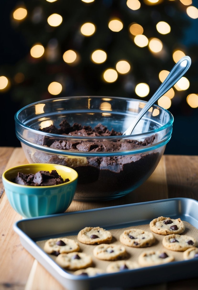 A mixing bowl filled with brownie mix, a spoon, and a tray of cookie dough ready to go into the easy bake oven