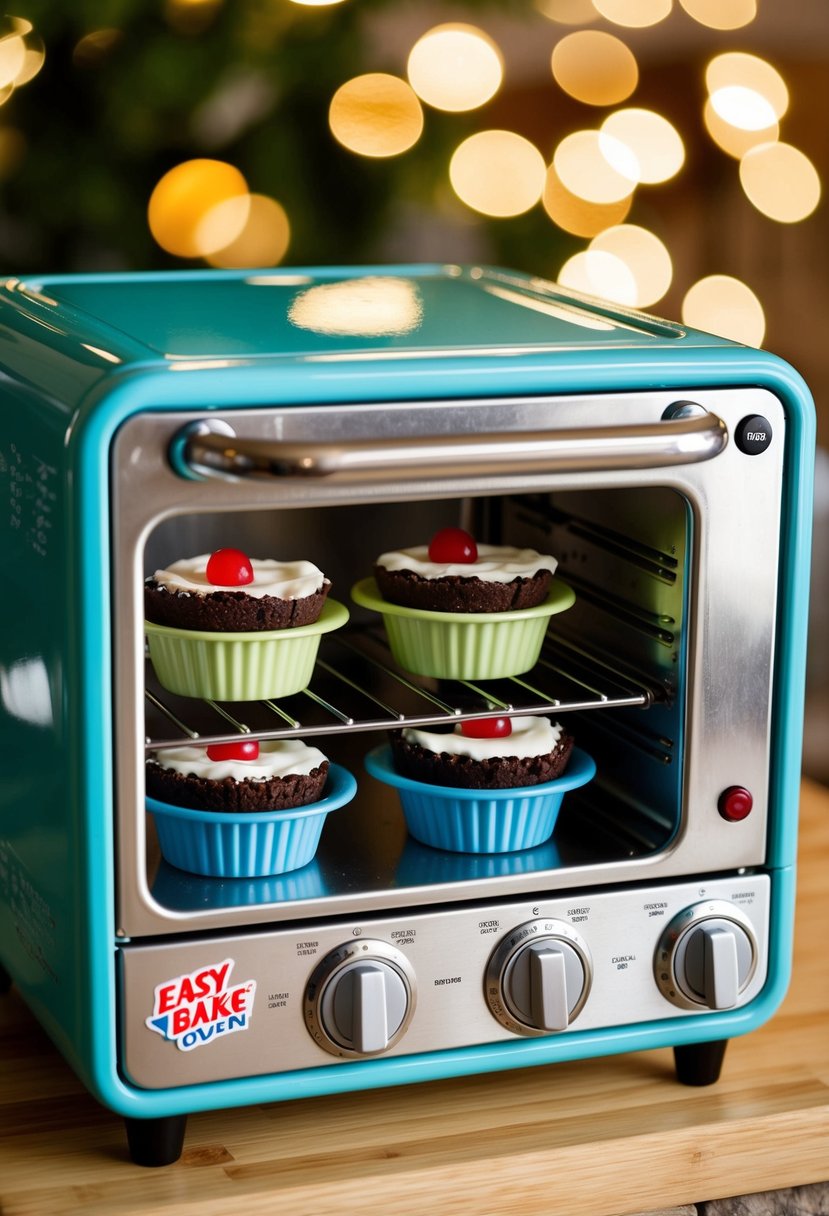 A small, colorful easy bake oven with mini brownie sundae cups baking inside