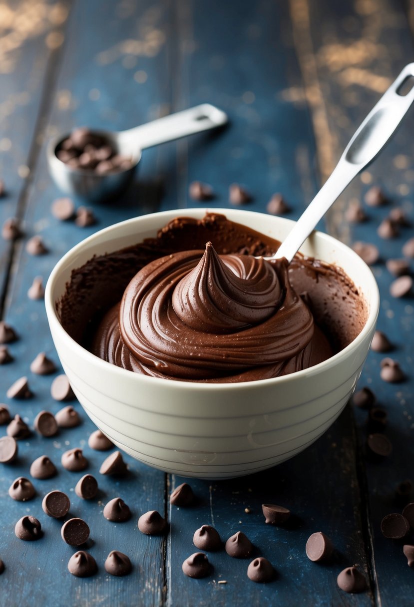 A mixing bowl filled with chocolate batter, surrounded by scattered chocolate chips and a measuring spoon