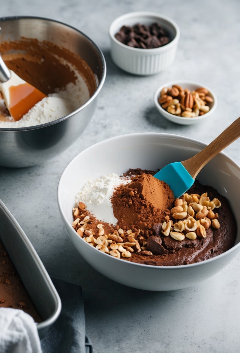 A mixing bowl filled with cocoa powder, flour, and nuts. A spatula stirs the ingredients as a pan of brownie batter sits nearby