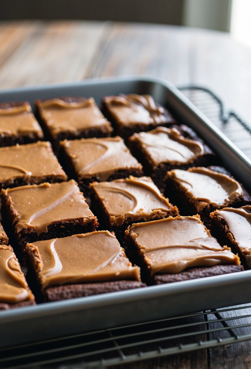 A tray of freshly baked brownies topped with a rich layer of fudge, sitting on a wire rack to cool