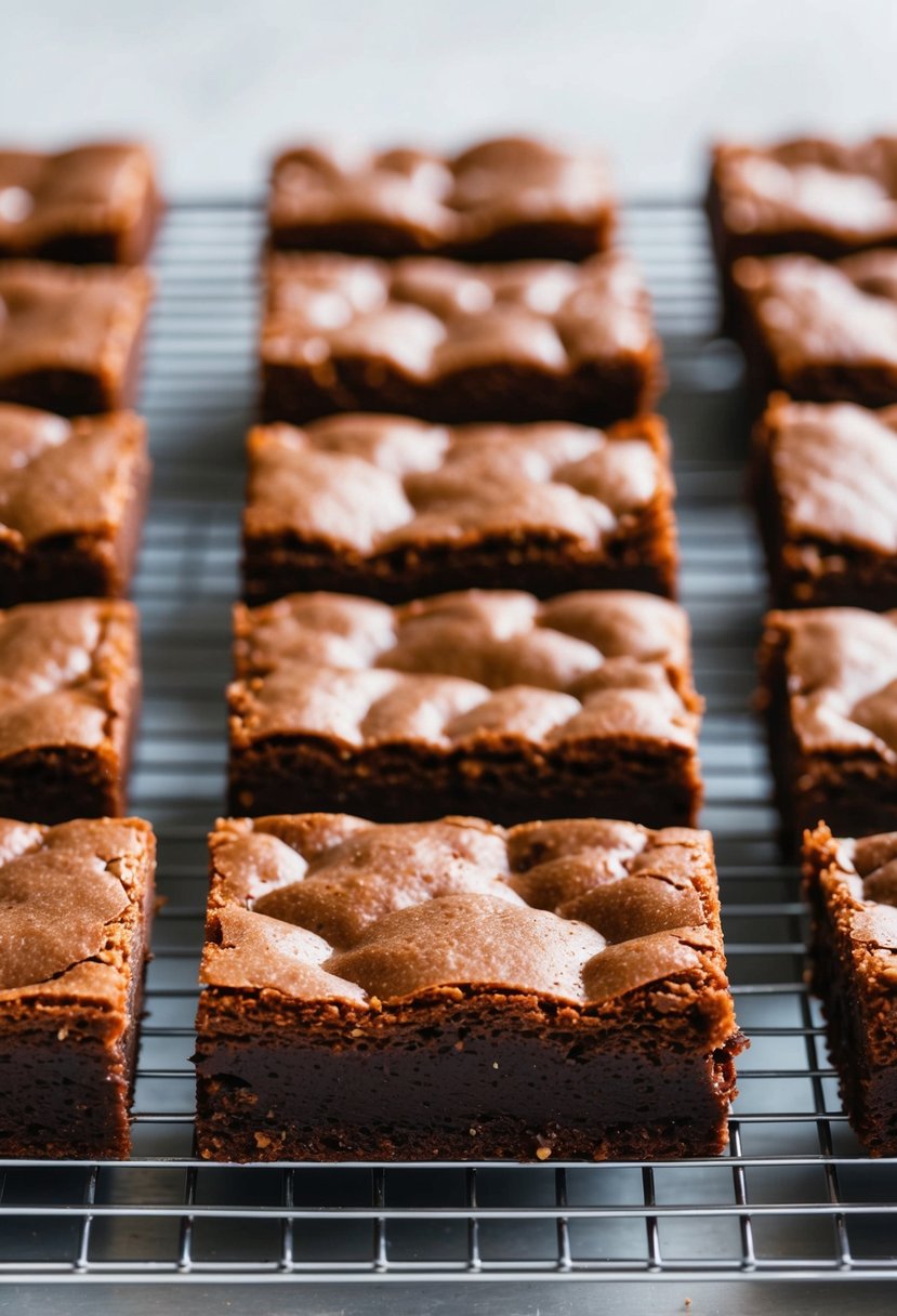 A tray of freshly baked glazed brownie bars cooling on a wire rack