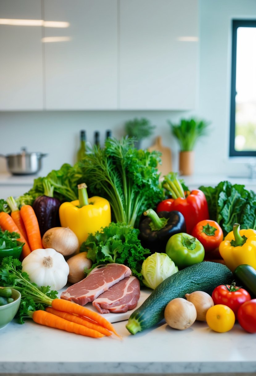 A colorful array of fresh vegetables, lean meats, and healthy fats arranged on a clean, modern kitchen counter