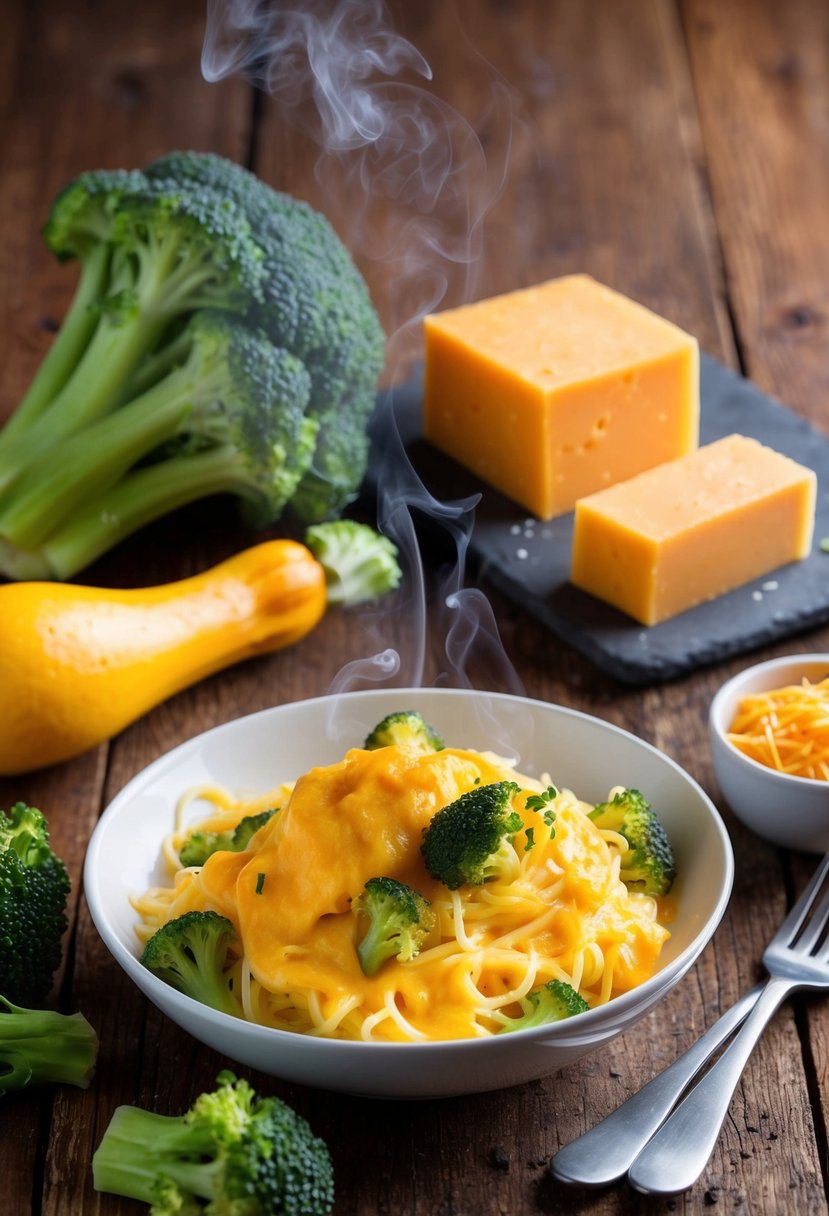 A steaming dish of cheesy broccoli cheddar spaghetti squash on a rustic wooden table, surrounded by fresh ingredients like broccoli florets and a block of cheddar cheese