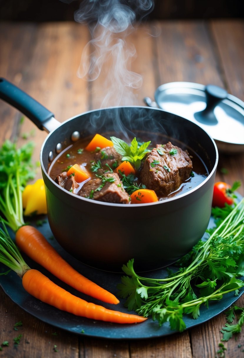 A steaming pot of keto beef stew surrounded by colorful low-carb vegetables and herbs on a rustic wooden table