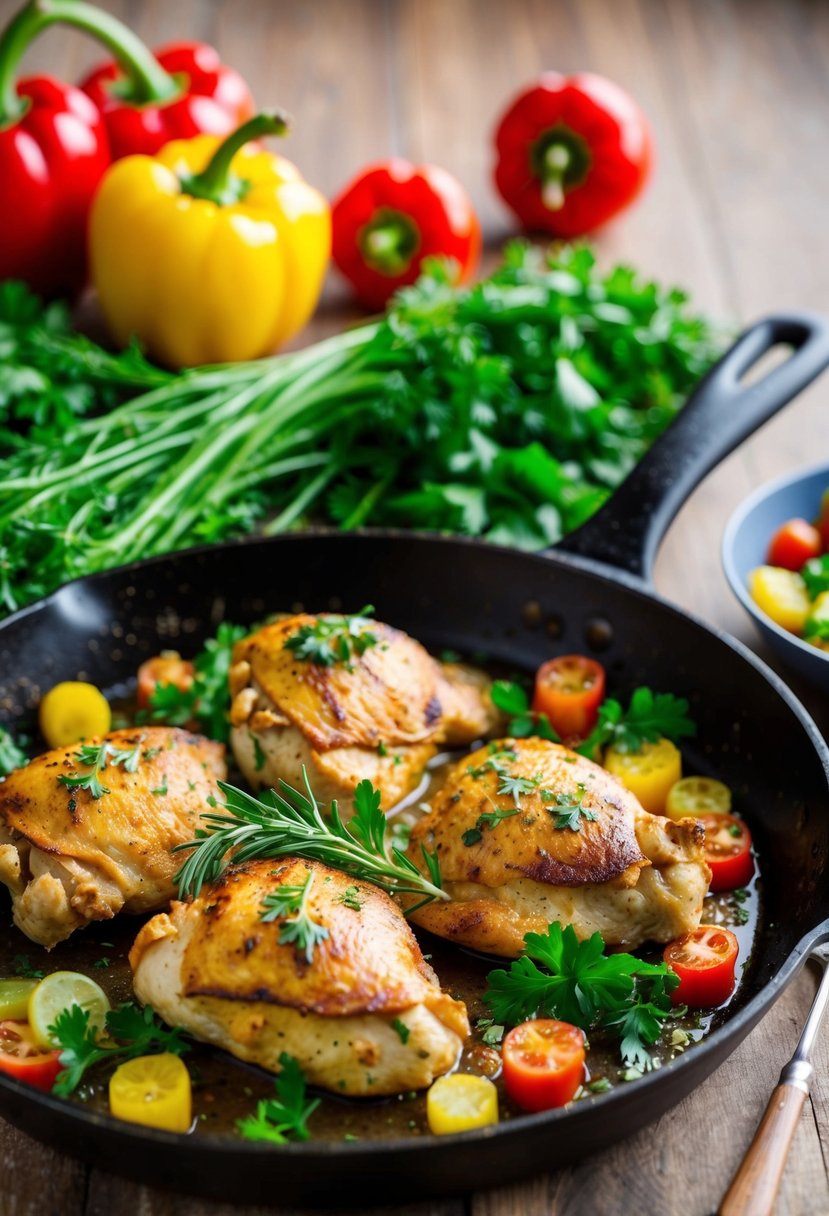 A sizzling skillet of Marry Me Chicken surrounded by fresh herbs and colorful low-carb vegetables