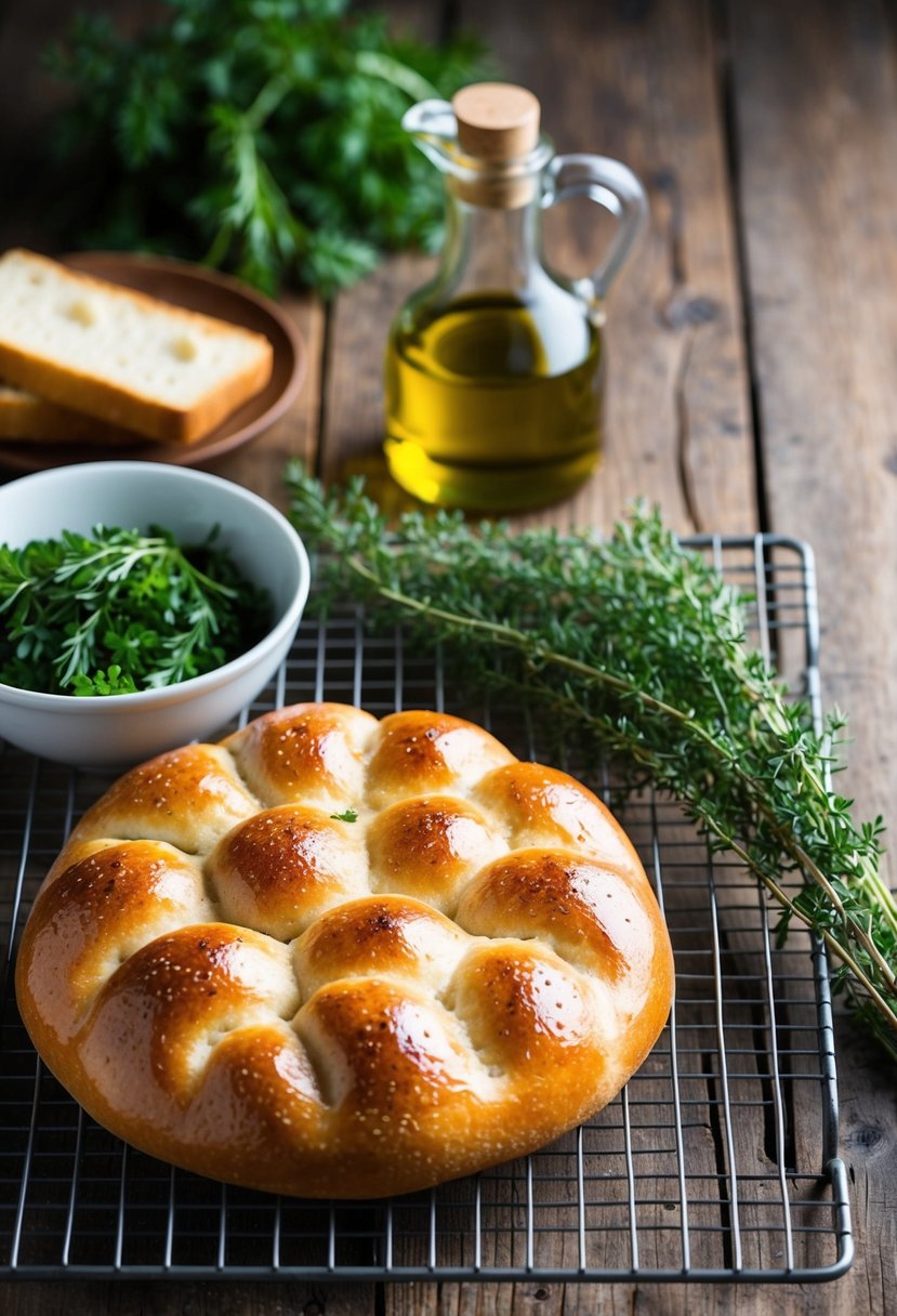 A rustic wooden table with an assortment of fresh herbs, olive oil, and a golden-brown focaccia bread cooling on a wire rack