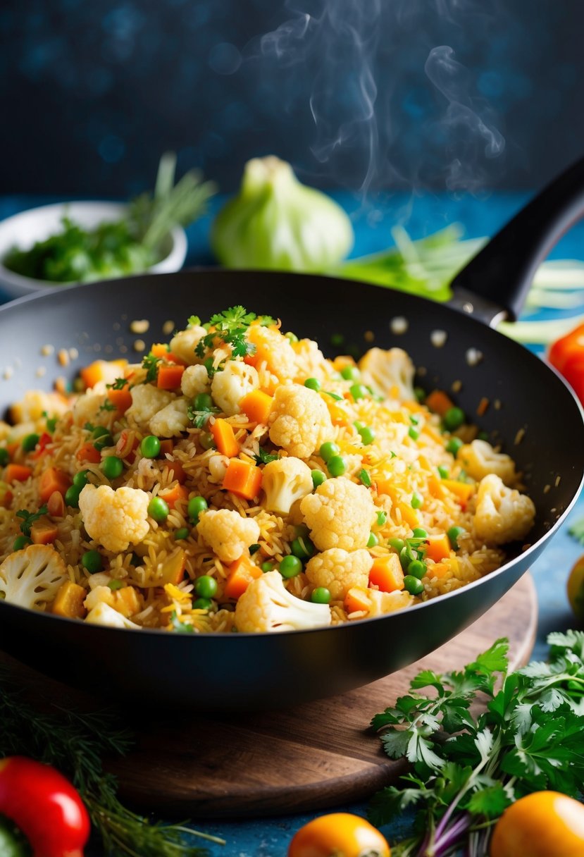 A sizzling wok filled with colorful cauliflower fried rice, surrounded by fresh vegetables and aromatic herbs