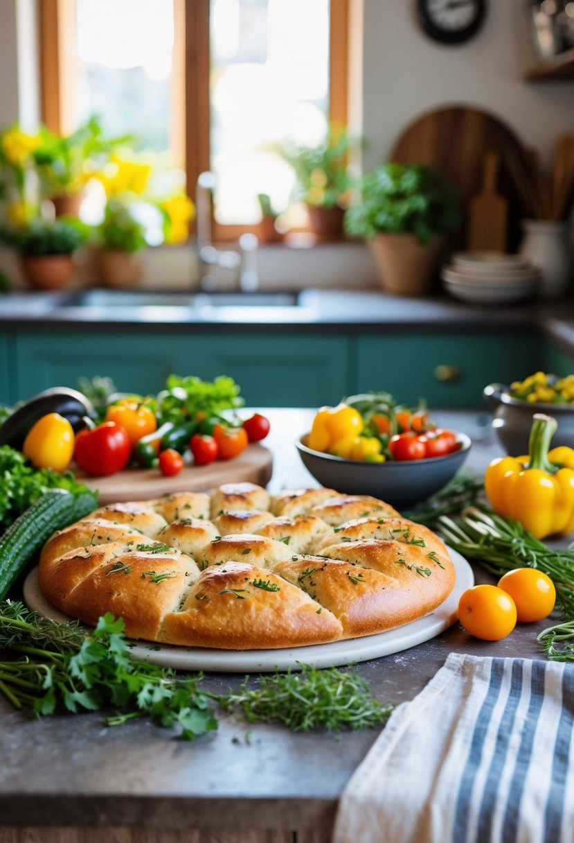 A rustic kitchen counter with freshly baked focaccia bread adorned with colorful vegetables and herbs, reminiscent of Van Gogh's vibrant and expressive style