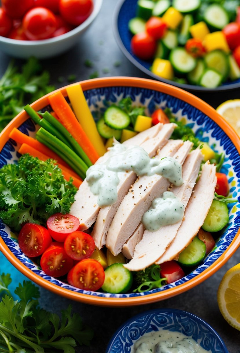 A colorful bowl filled with sliced turkey, fresh vegetables, and a drizzle of tzatziki sauce, surrounded by vibrant ingredients