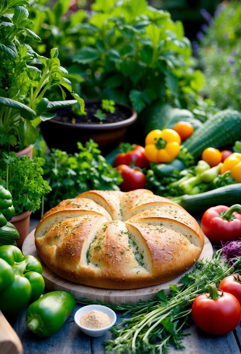 A lush garden with ripe vegetables and herbs surrounding a freshly baked focaccia bread, with artfully arranged ingredients for various recipes