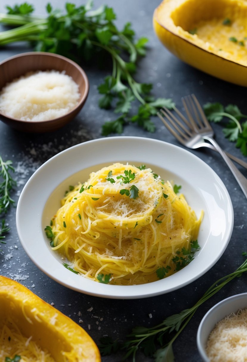 A steaming plate of Parmesan Garlic Spaghetti Squash surrounded by fresh herbs and a sprinkle of grated cheese