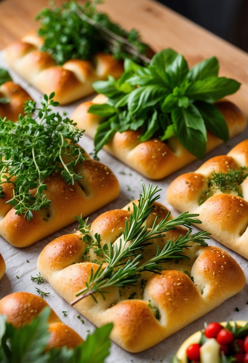 Fresh herbs arranged in floral patterns on focaccia bread