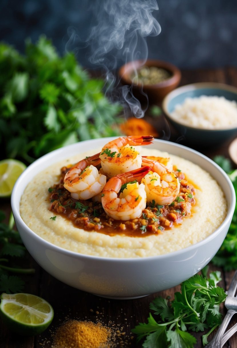 A steaming bowl of cauliflower grits topped with sizzling spicy shrimp, surrounded by vibrant herbs and spices