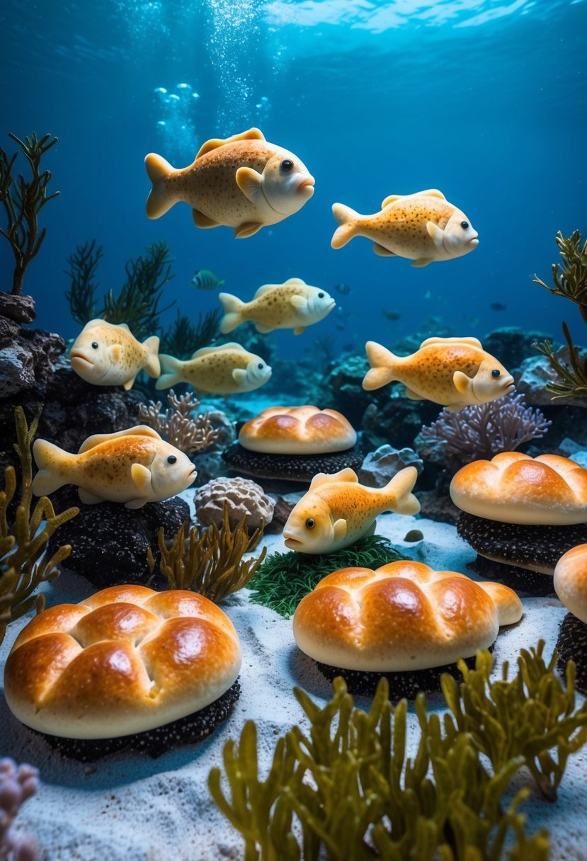 An underwater world filled with vibrant olive focaccia bread coral reefs, seaweed made of rosemary, and fish-shaped bread art swimming through the doughy depths