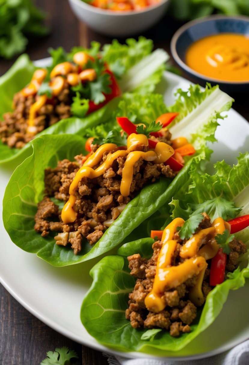 Fresh lettuce leaves filled with seasoned ground turkey, colorful vegetables, and drizzled with a flavorful Thai sauce