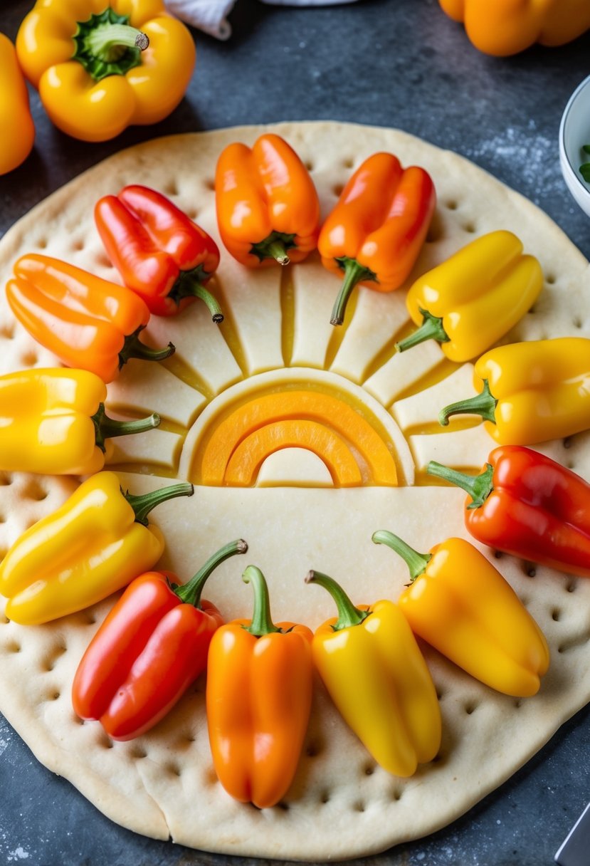 A bell pepper focaccia bread art recipe depicts a sunrise with vibrant orange and yellow bell peppers arranged in a circular pattern on the dough