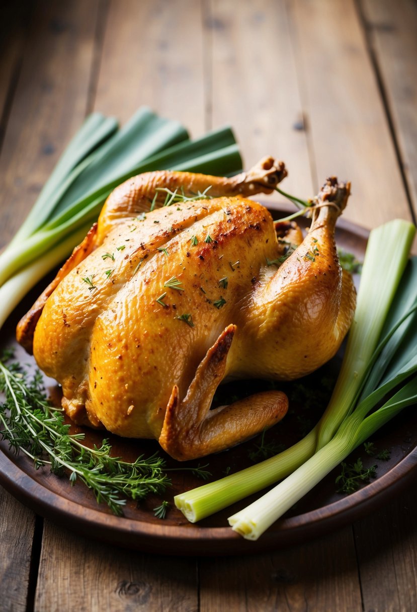 A golden whole roast chicken surrounded by vibrant leeks and herbs on a rustic wooden platter