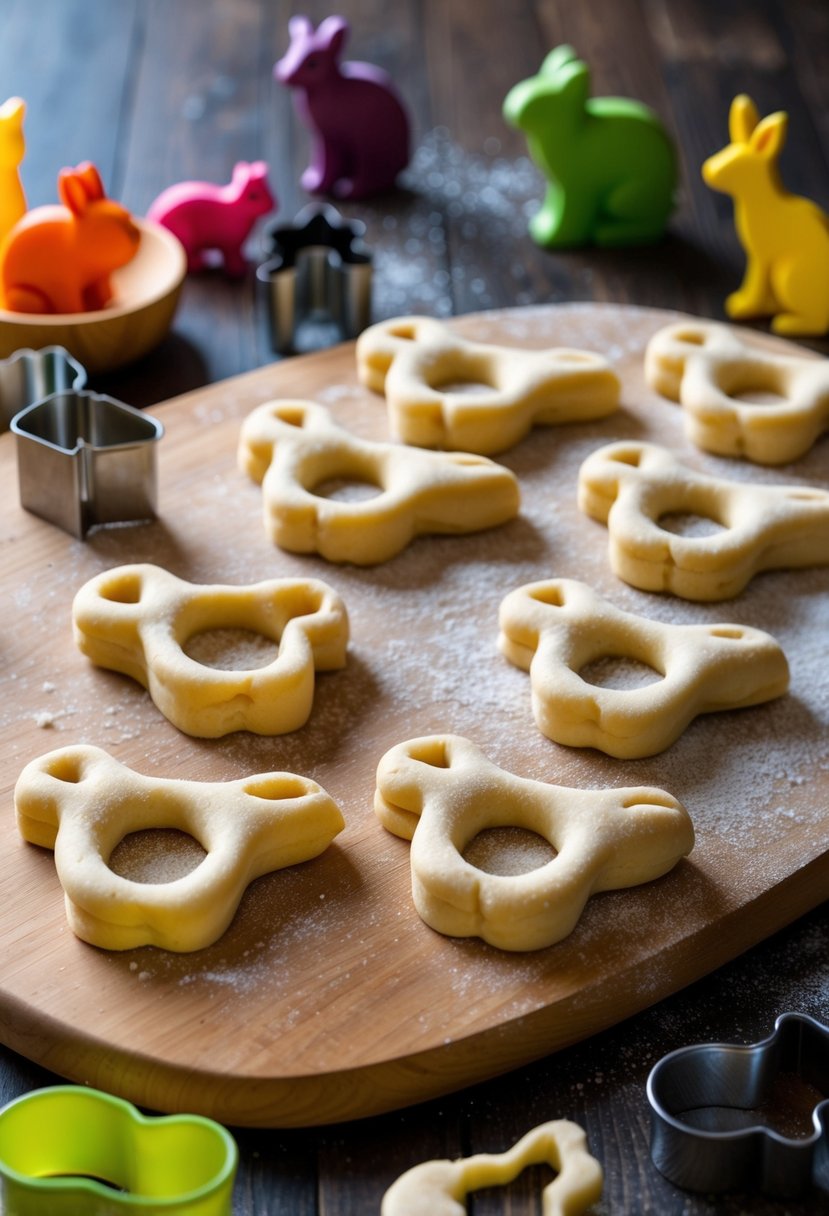 Animal-shaped focaccia bread dough being shaped on a wooden cutting board with various animal cookie cutters nearby