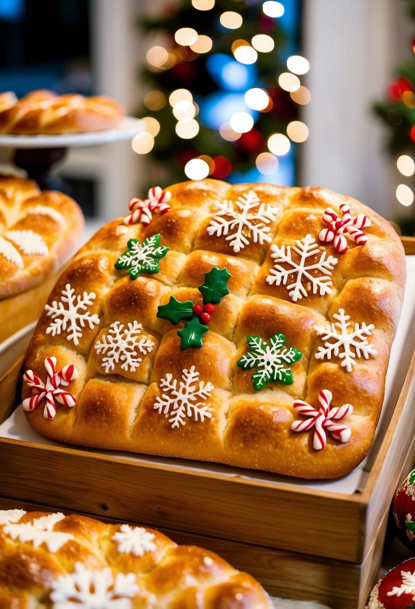 A festive holiday-themed focaccia bread art display with traditional seasonal motifs like snowflakes, holly, and candy canes