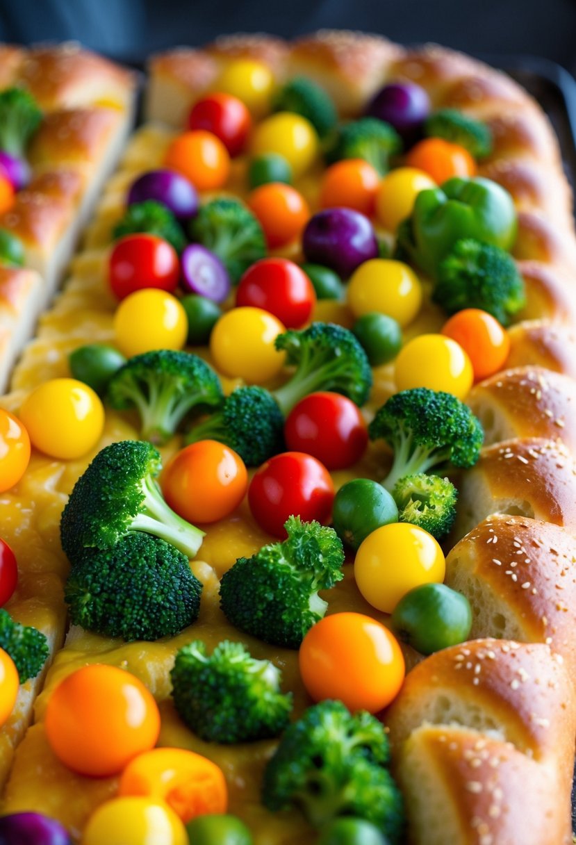 A colorful array of vegetables arranged on a freshly baked focaccia bread, with a rainbow of vibrant hues coating the surface