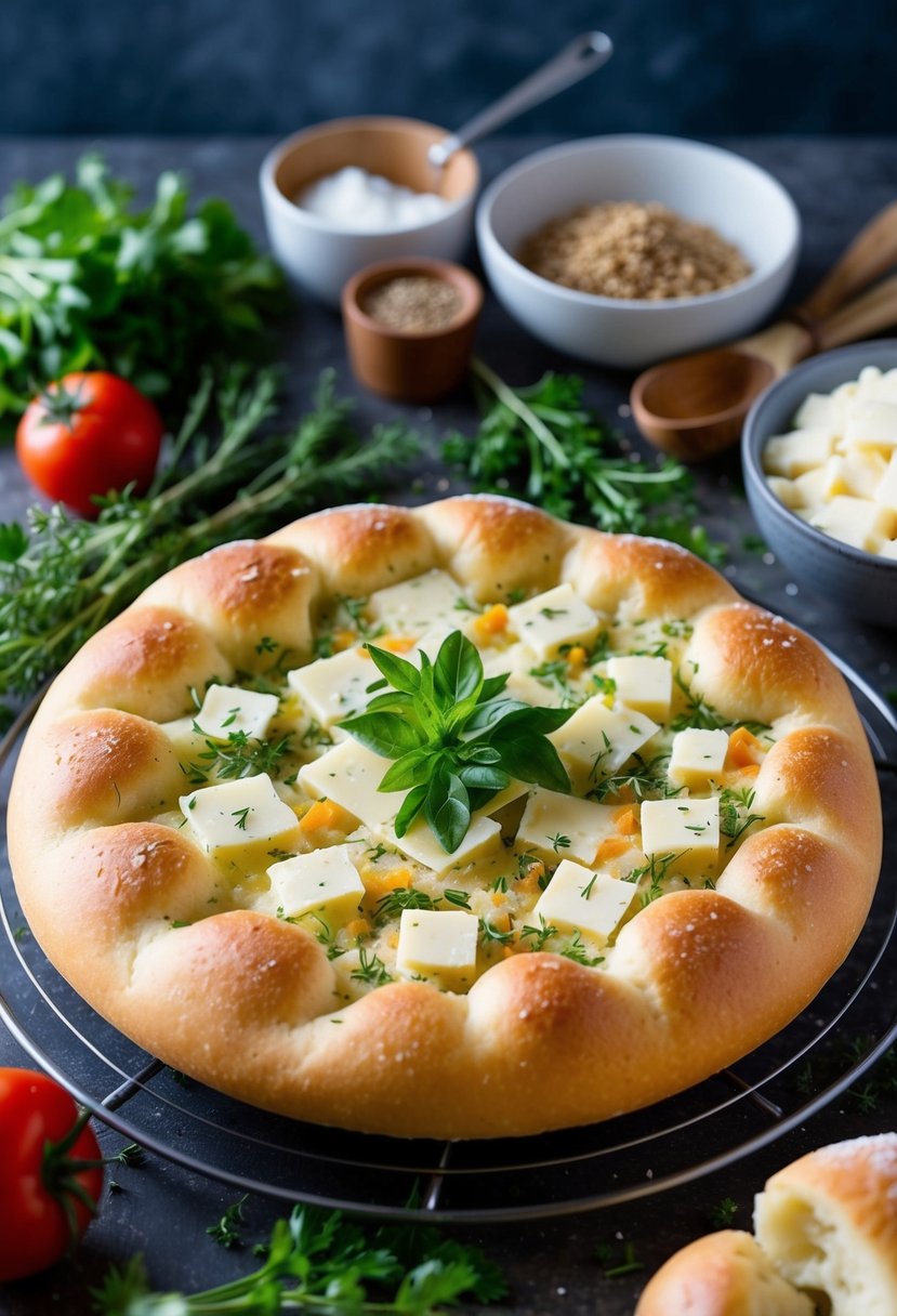 A round focaccia bread topped with cheese and herb flowers, surrounded by fresh ingredients and kitchen utensils