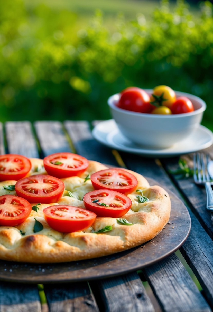 A rustic picnic table with a freshly baked focaccia bread topped with vibrant tomato slices, surrounded by a lush green landscape