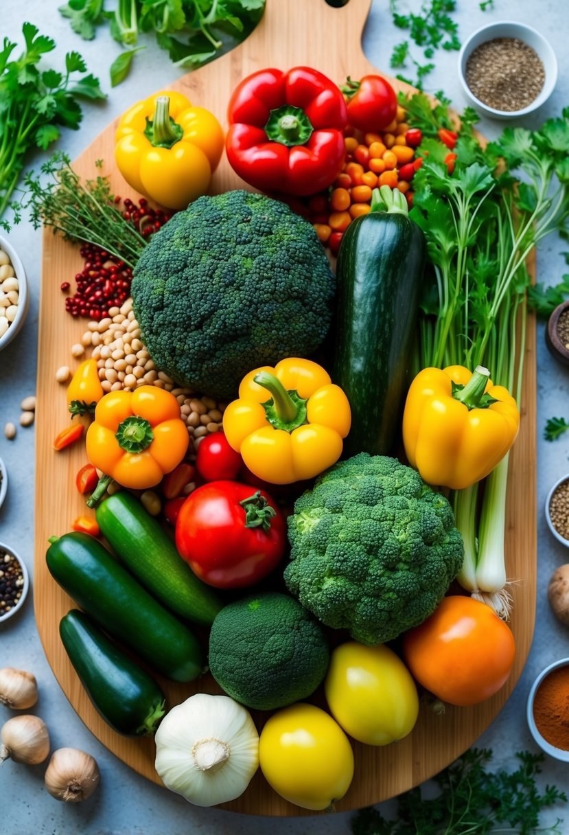 A colorful array of fresh vegetables and legumes arranged on a wooden cutting board, surrounded by spices and herbs