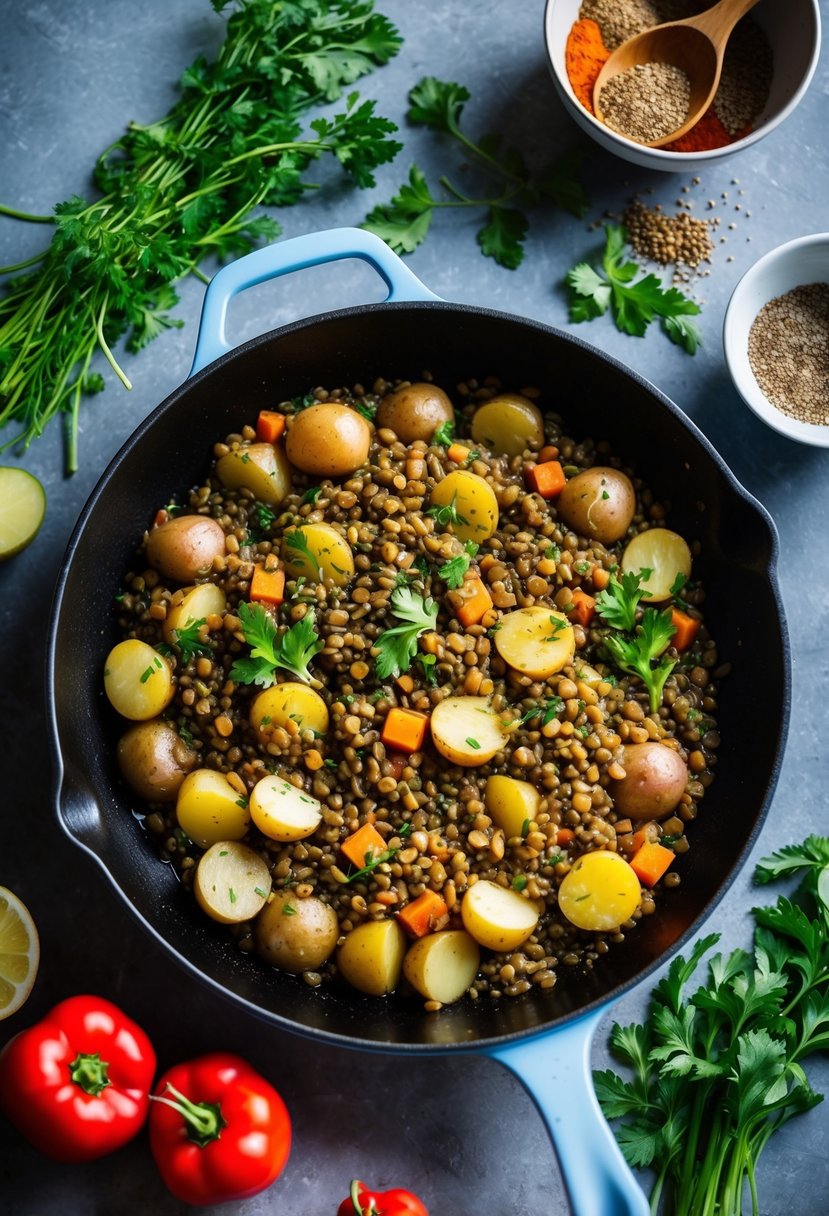 A skillet sizzling with lentils, potatoes, and colorful vegetables, surrounded by fresh herbs and spices