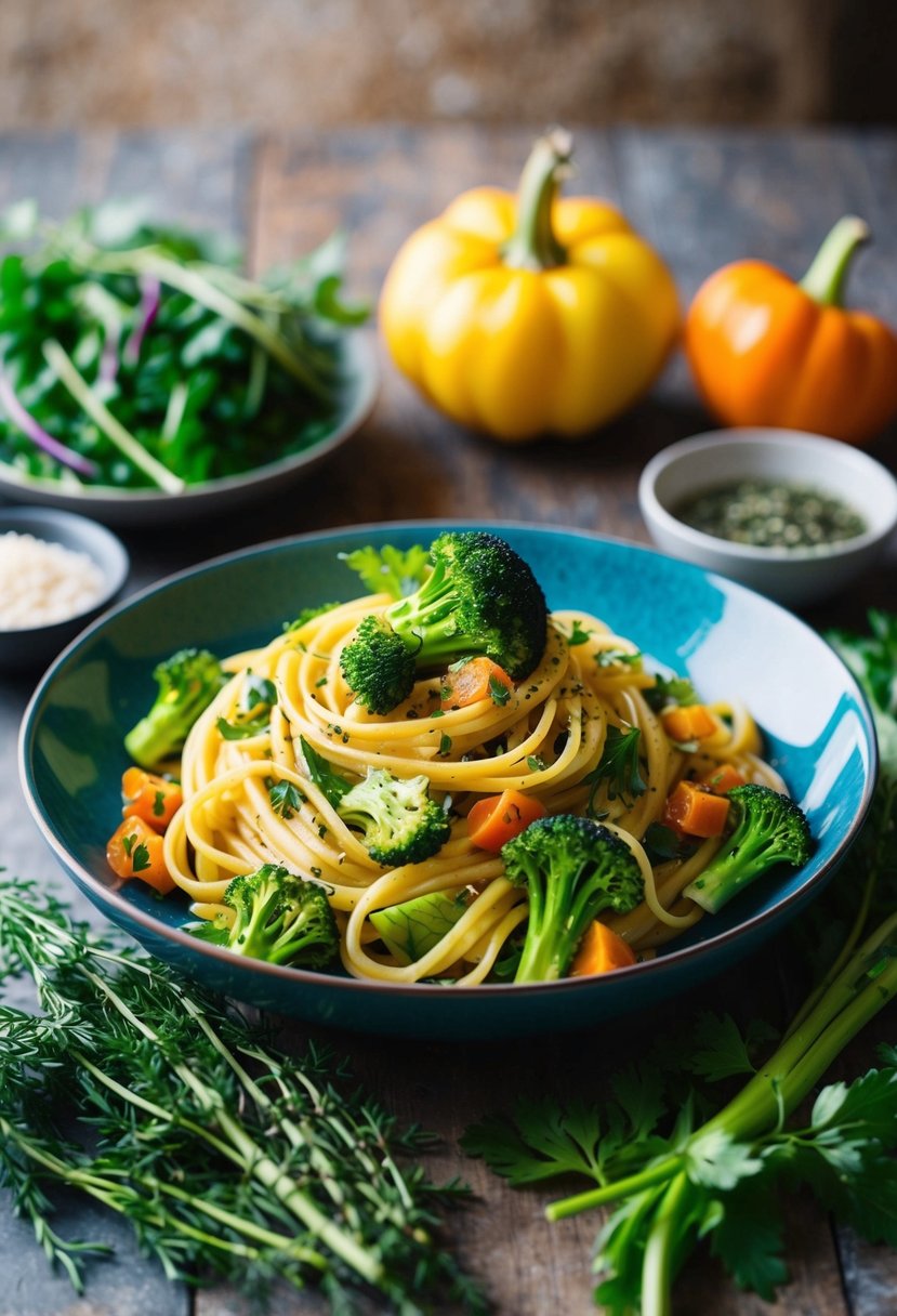 A colorful plate of vegan broccoli pasta with a variety of fresh vegetables and herbs, presented in a rustic setting