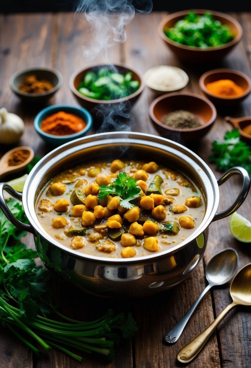 A steaming pot of chickpea curry surrounded by fresh vegetables and spices on a rustic wooden table