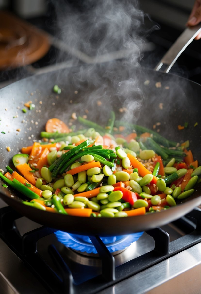 A wok sizzles with colorful vegetables and edamame, steaming and stir-frying over a hot stove