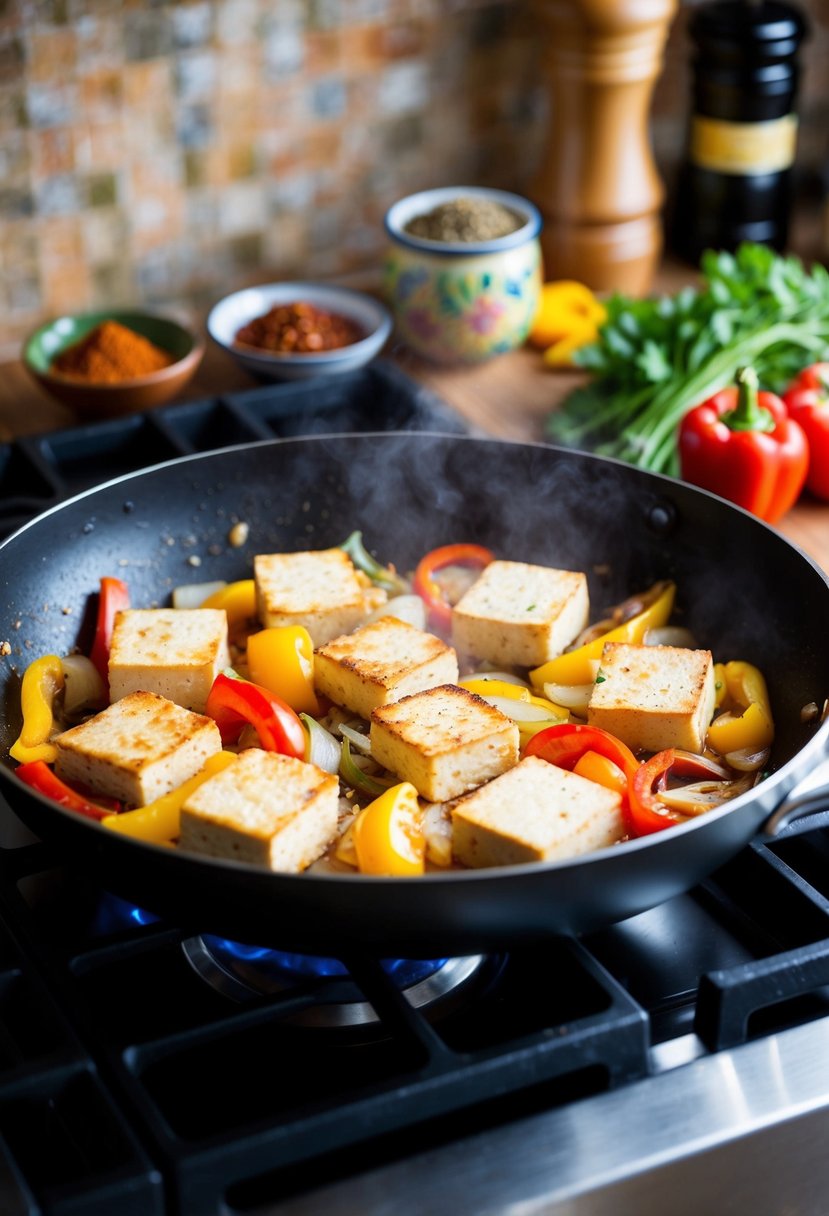 A sizzling skillet of tofu, bell peppers, and onions cooking over a stovetop. A colorful array of spices and herbs nearby