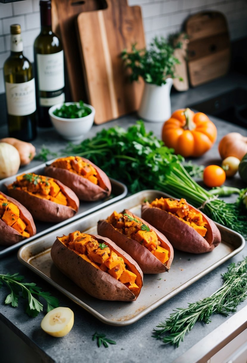 A rustic kitchen counter displays a tray of stuffed sweet potatoes surrounded by fresh vegetables and herbs