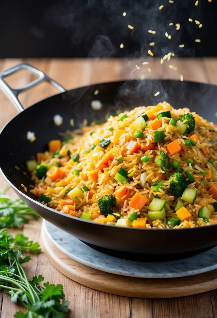 A sizzling wok cooks colorful vegetable fried rice with a variety of diced vegetables and grains, emitting a savory aroma