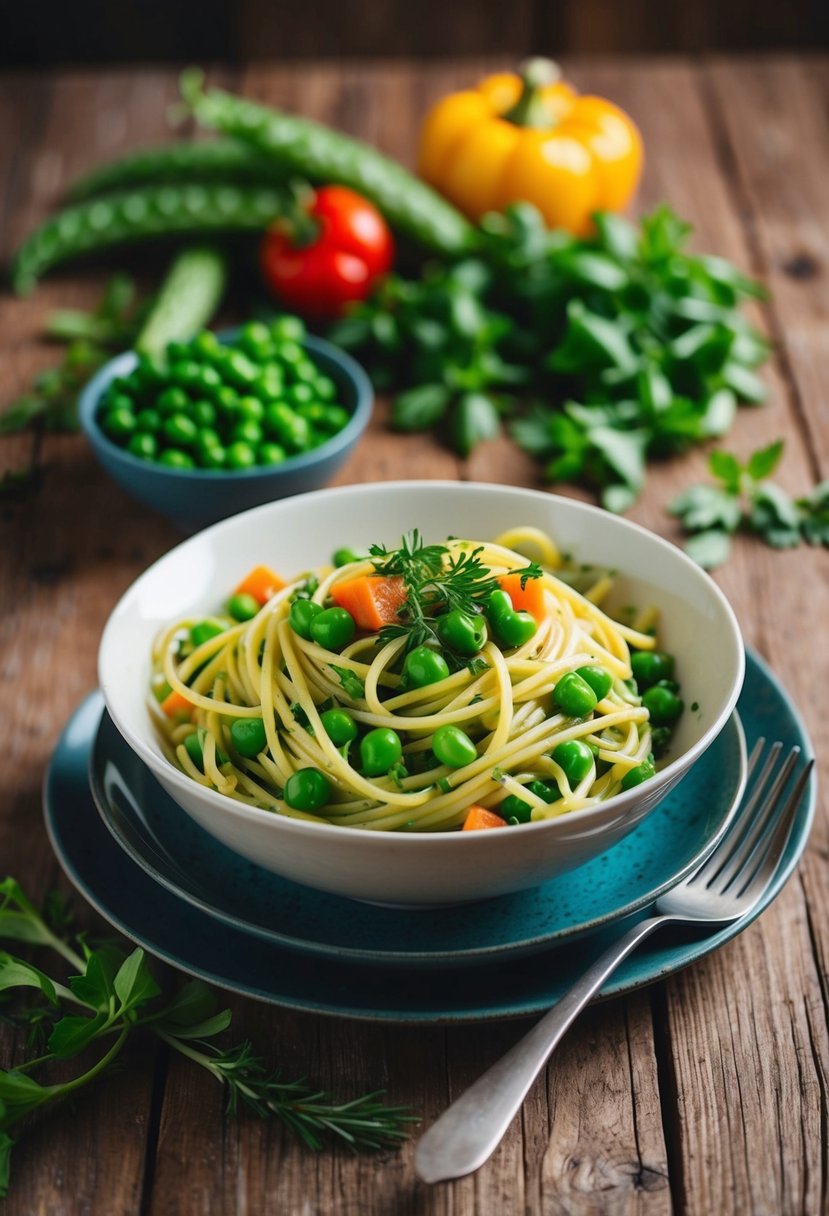 A bowl of green pea pasta with colorful vegetables and herbs on a rustic wooden table