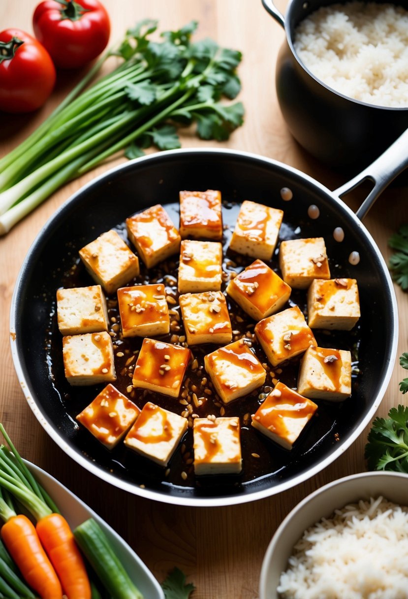 A sizzling pan of tofu coated in teriyaki sauce, surrounded by fresh vegetables and a steaming pot of rice