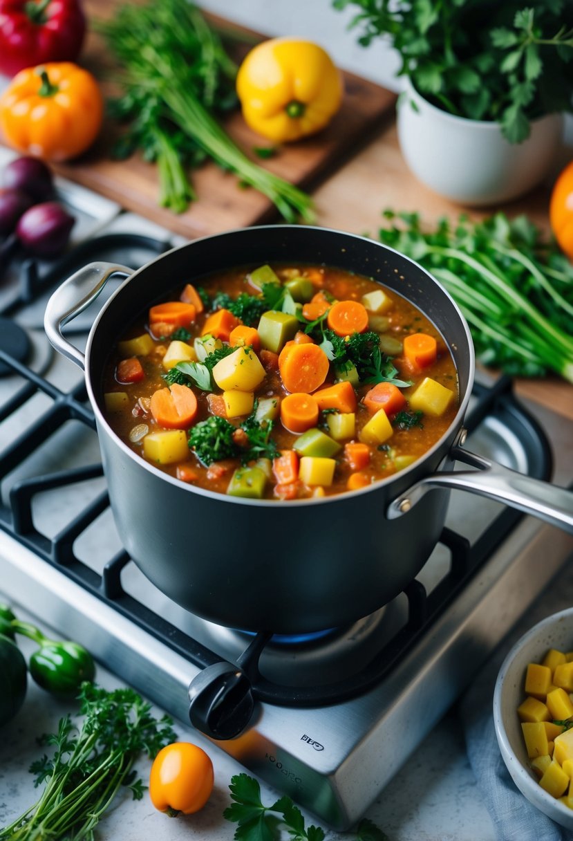 A pot of colorful vegetable stew simmering on a stove, surrounded by fresh produce and herbs