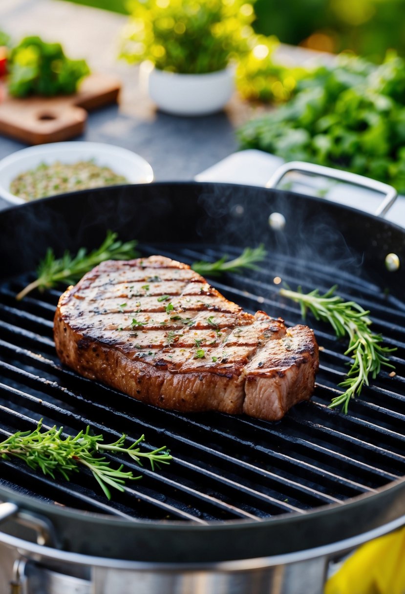 A sizzling steak on a grill with grill marks, surrounded by fresh herbs and seasonings, ready to be cooked to perfection