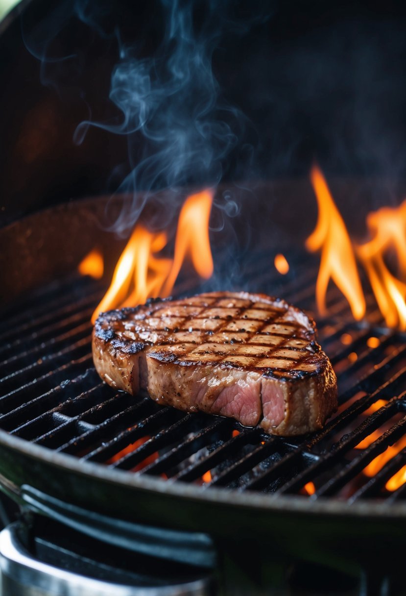 A sizzling ribeye steak cooks on a hot grill, surrounded by charred grill marks and emitting a mouthwatering aroma