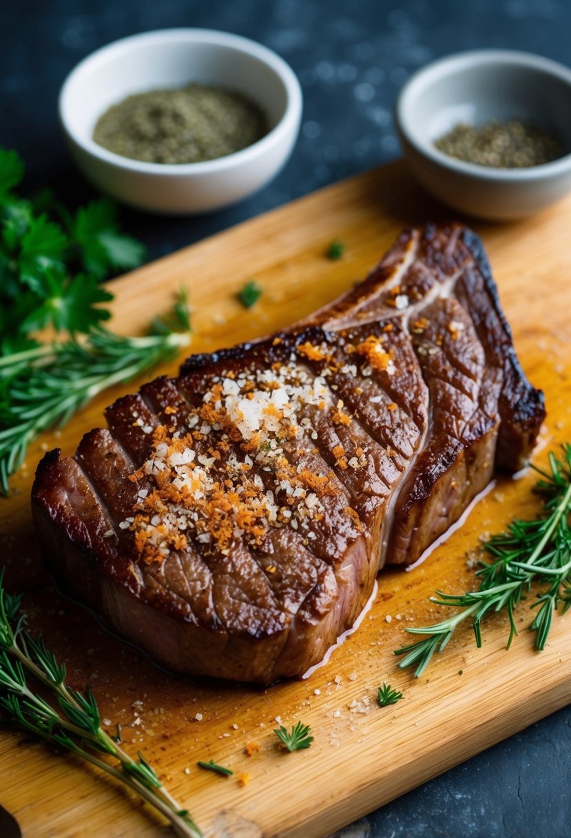 A sizzling strip steak, crusted with hickory salt, rests on a wooden cutting board, surrounded by fresh herbs and spices